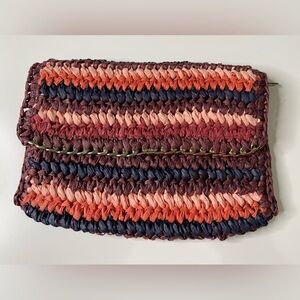 H&M Burgundy Blue Peach Orange Red Stripe Straw Woven Chain Hem Clutch Purse